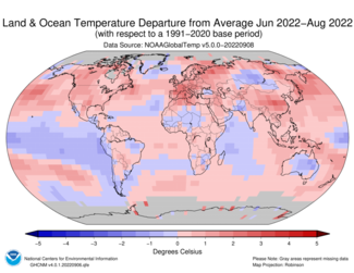Global map showing land and ocean temperature departure from average for June-August 2022 with warmer areas colored in gradients of red and cooler areas in gradients of blue.
