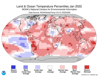 Map of global temperature percentiles for January 2022