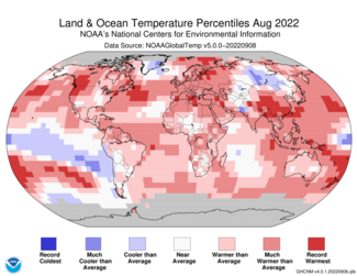 Map of the world showing land/ocean temperature percentiles for August 2022 with warmer areas in gradients of red and cooler areas in gradients of blue.