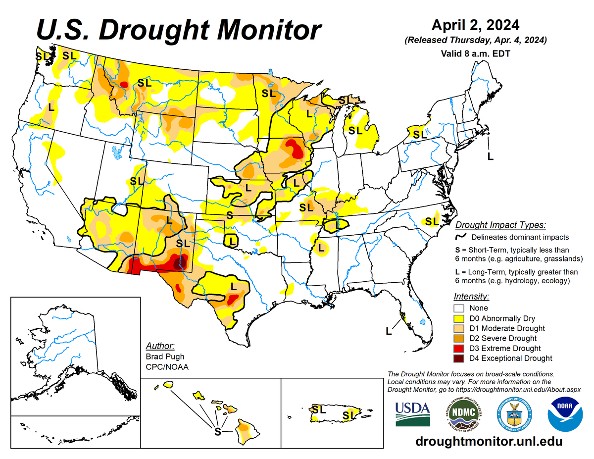 U.S. Drought Monitor map for April 2, 2024.