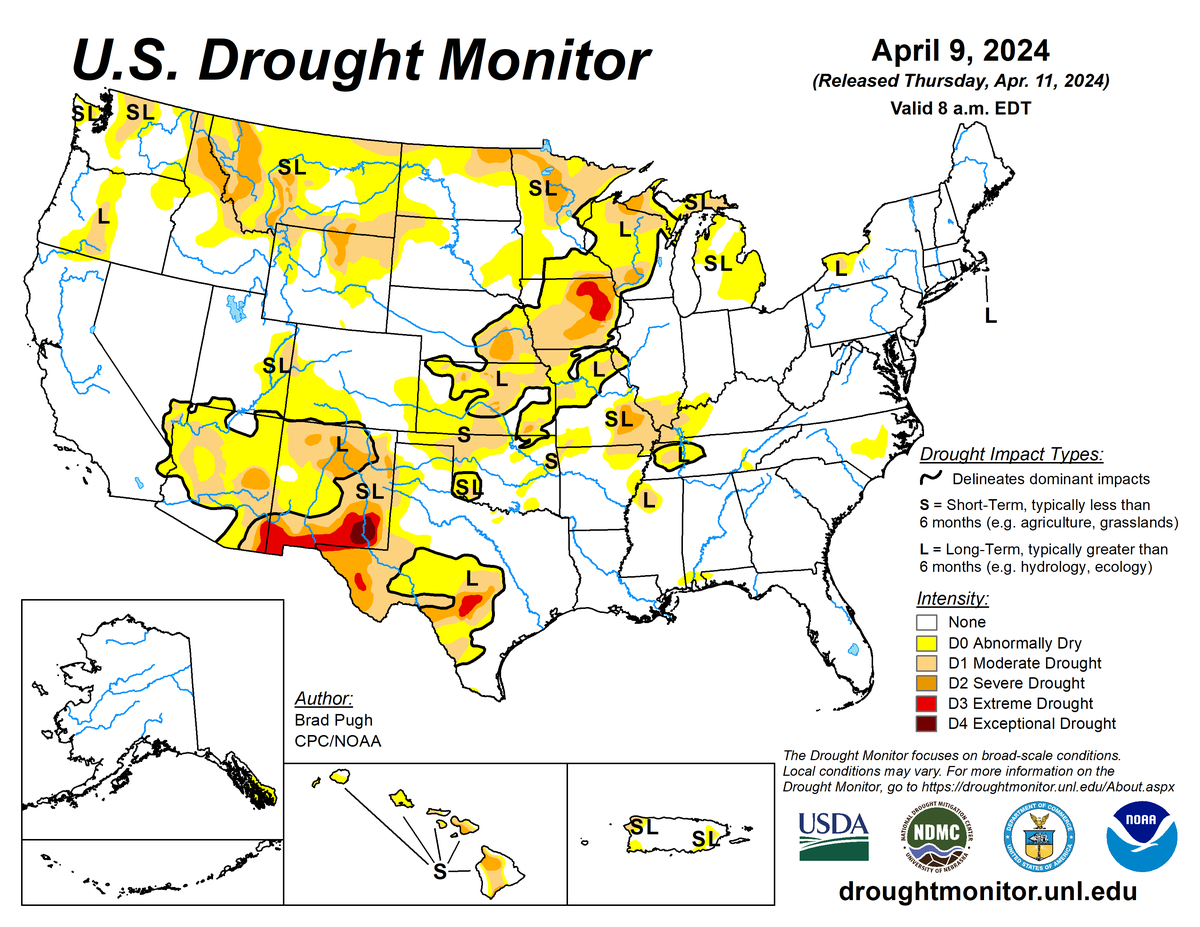 U.S. Drought Monitor map for April 9, 2024.