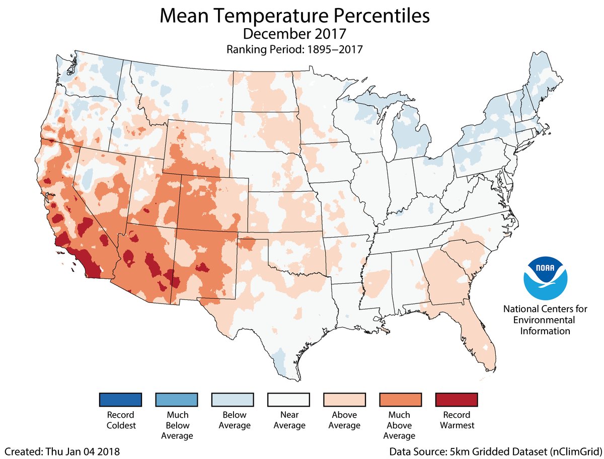 Map of December 2017 U.S. average temperature percentiles