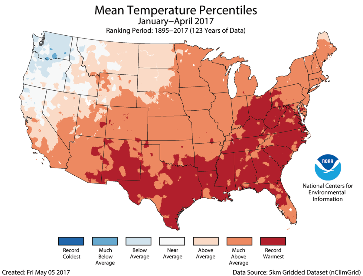 Map of Janurary to April 2017 U.S. average temperature percentiles