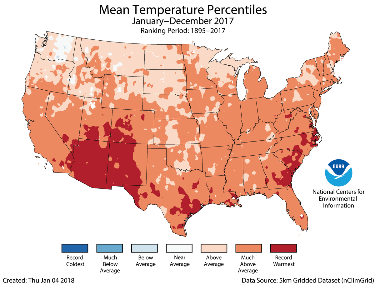 Map of January to December 2017 U.S. average temperature percentiles
