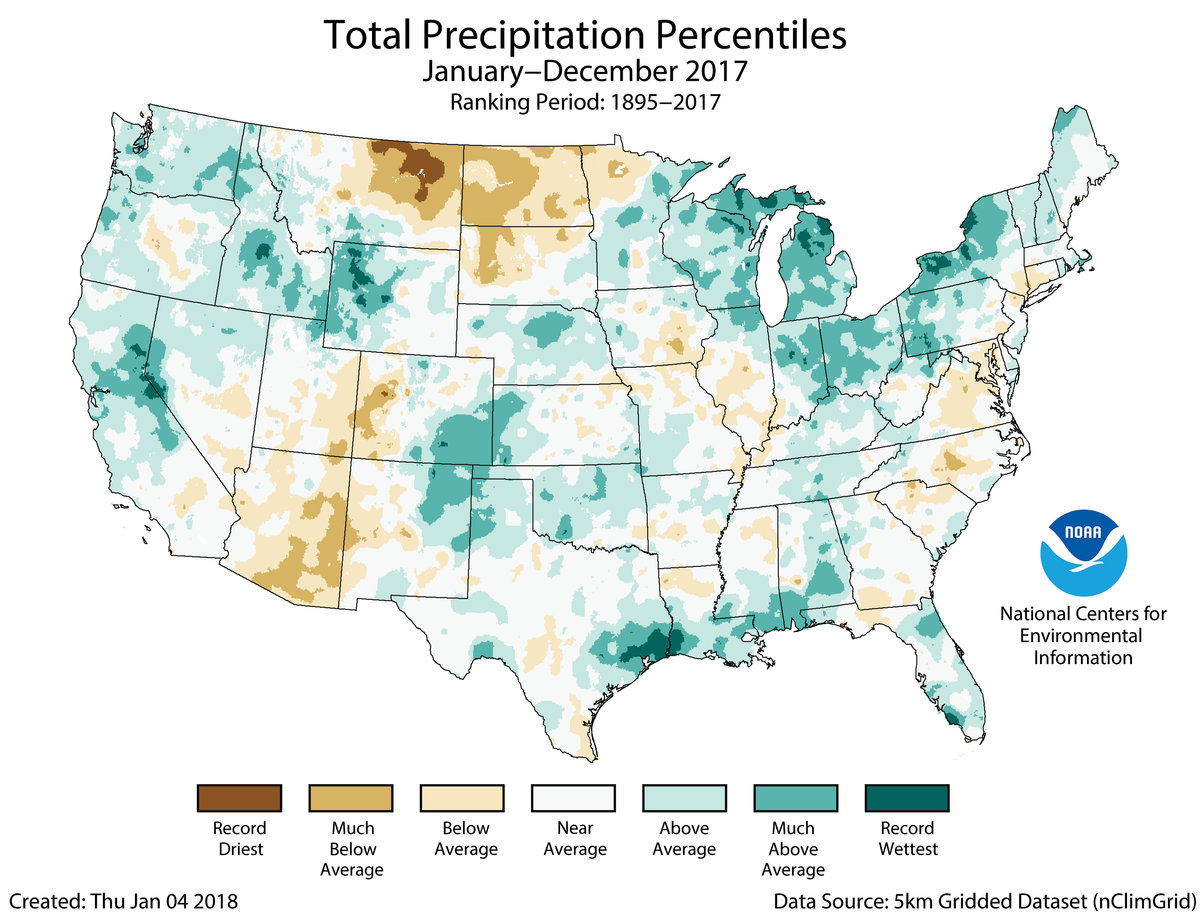 Map of January to December 2017 U.S. total precipitation percentiles
