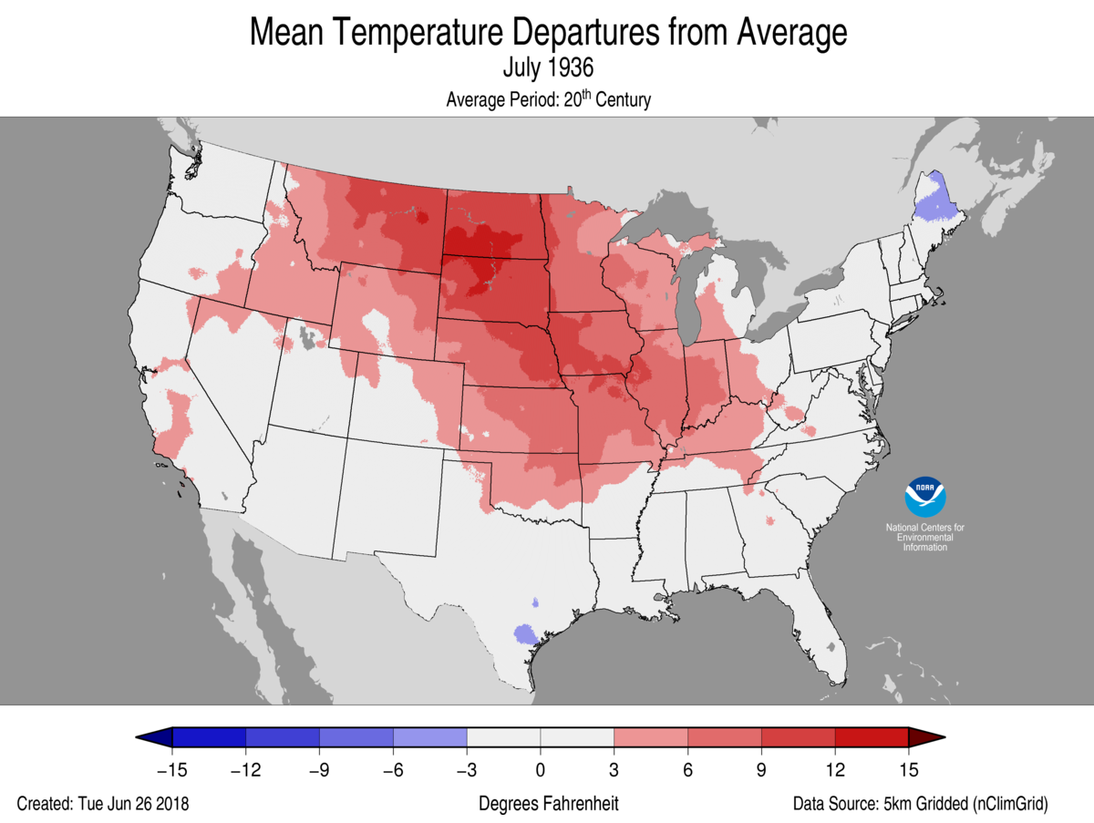 Map of July 1936 U.S. average temperature departures from average