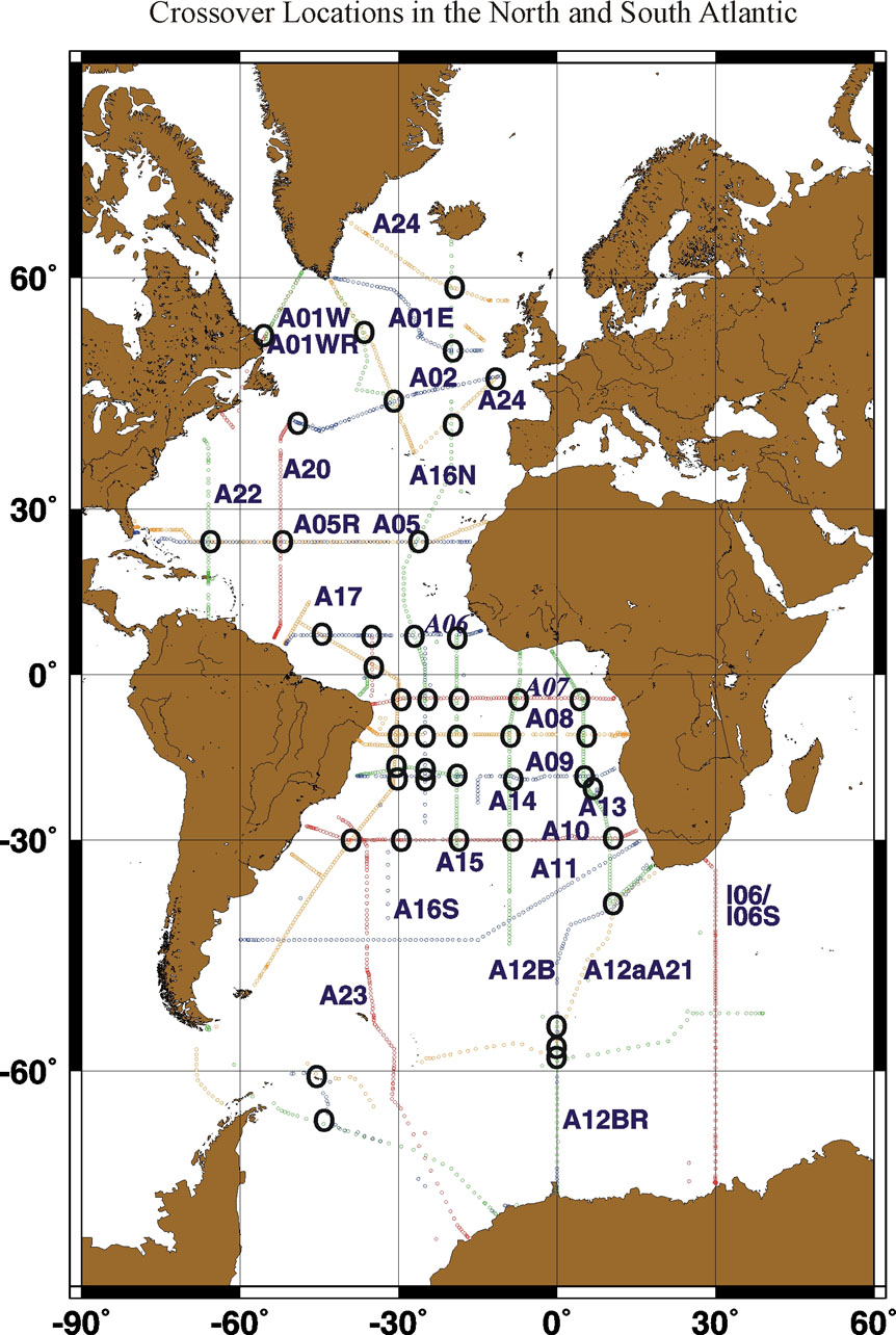 Crossover Locations in the North and South Atlantic