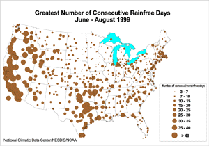 Summer Greatest Consecutive No. of No Rain Days Map