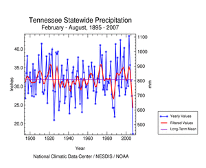 Graph of Tennessee Statewide Precipitation, February-August 1895-2007