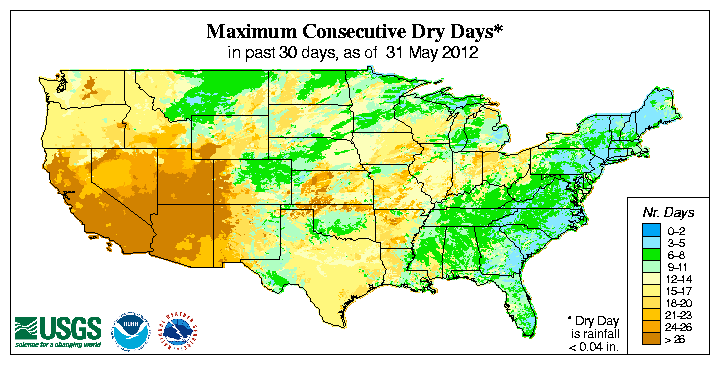 Map showing maximum consecutive number of days with no precipitation