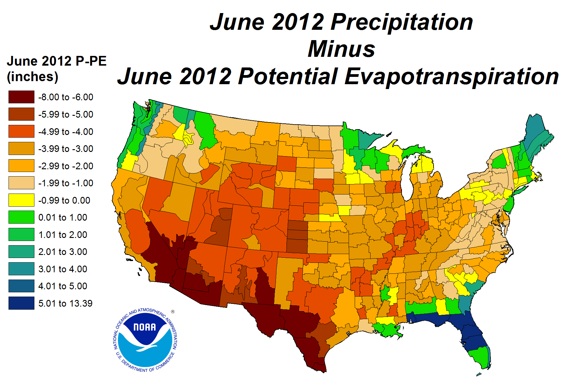 June 2012 Precipitation minus Potential Evapotranspiration map
