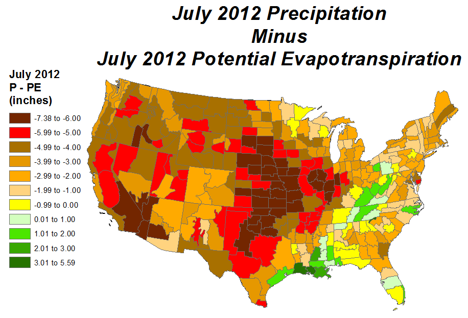 July 2012 Precipitation minus Potential Evapotranspiration map