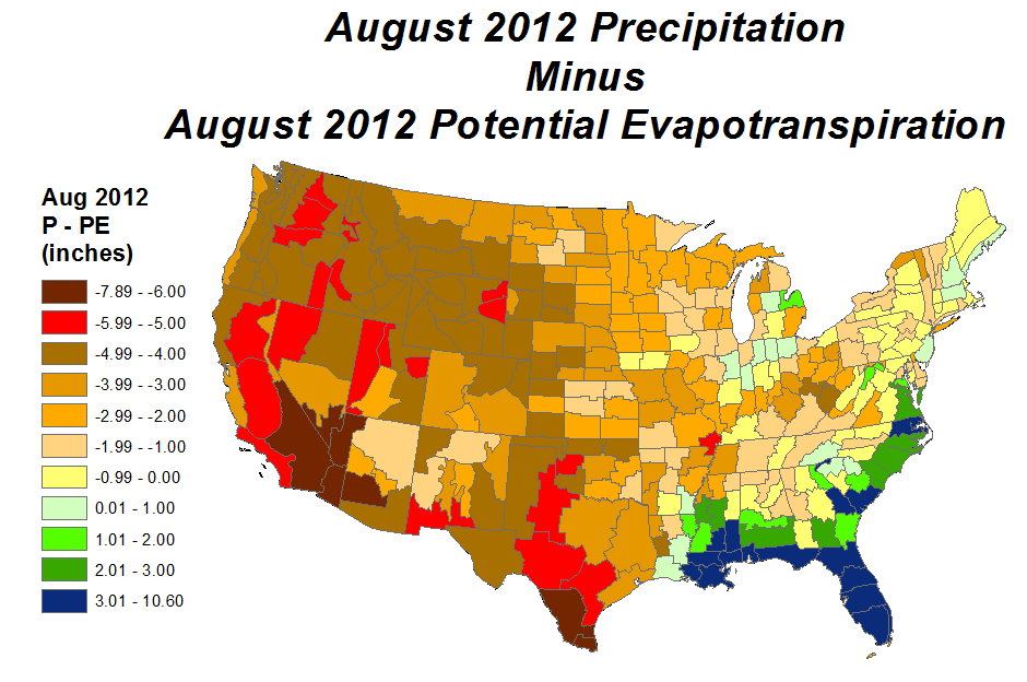 August 2012 Precipitation minus Potential Evapotranspiration map