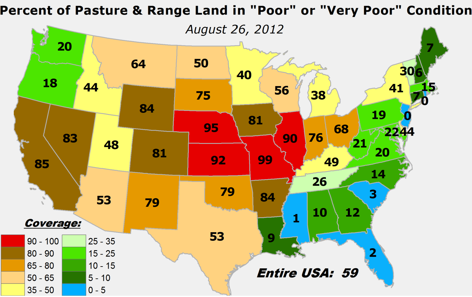 Map showing USDA pasture and rangeland conditions