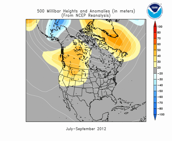 Upper-level circulation pattern and anomalies averaged for the last three months