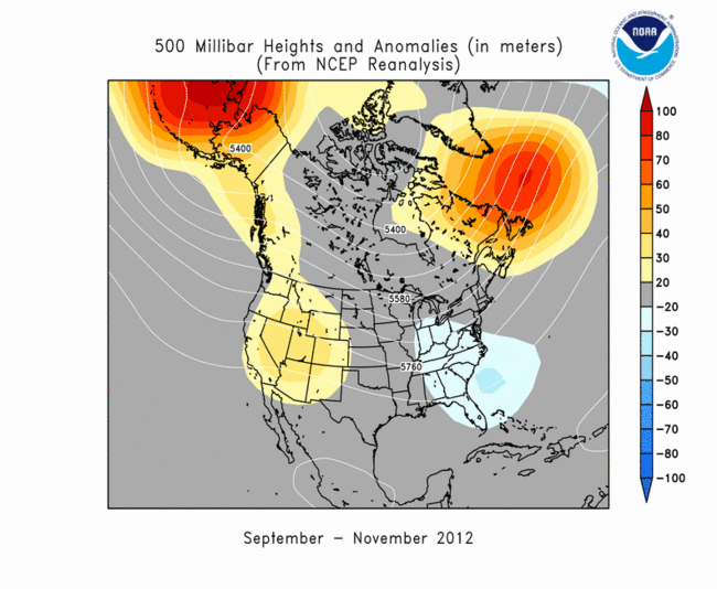 Upper-level circulation pattern and anomalies averaged for the last three months