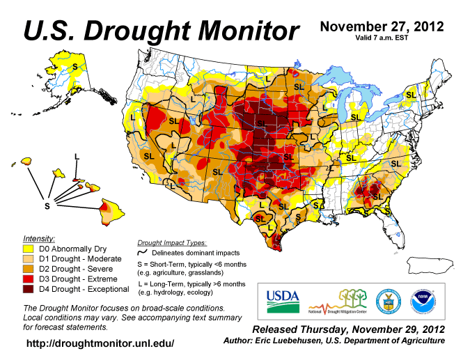 The U.S. Drought Monitor drought map valid November 27, 2012