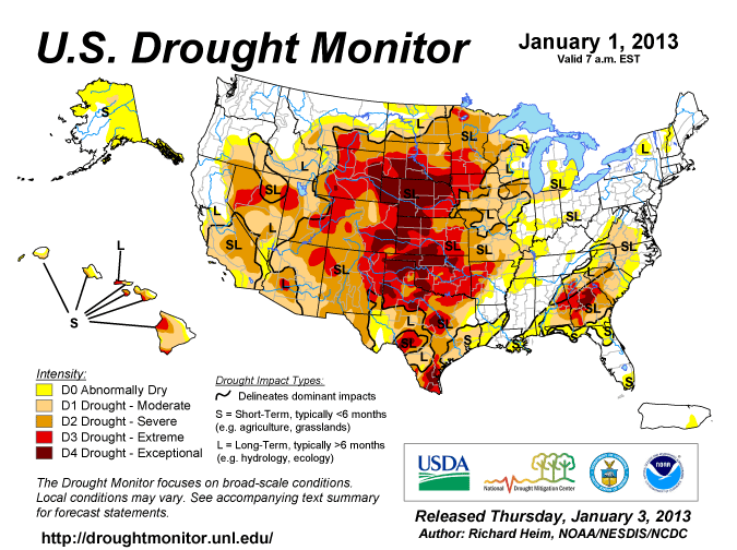 The U.S. Drought Monitor drought map valid January 1, 2013