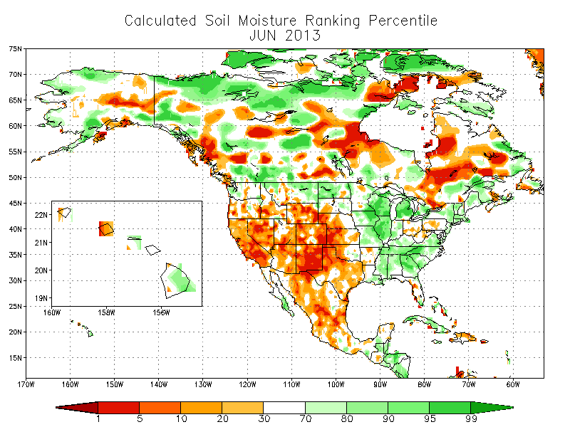 Map showing NOAA/NWS/CPC modeled monthly soil moisture percentiles