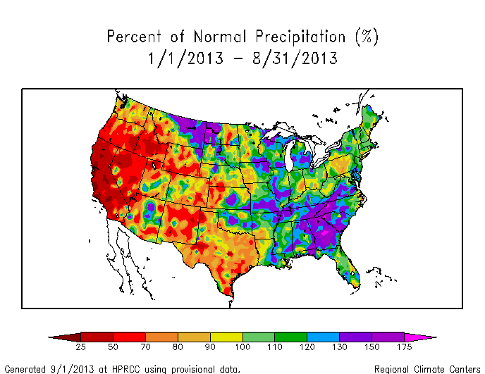 Map showing year-to-date percent of normal precipitation