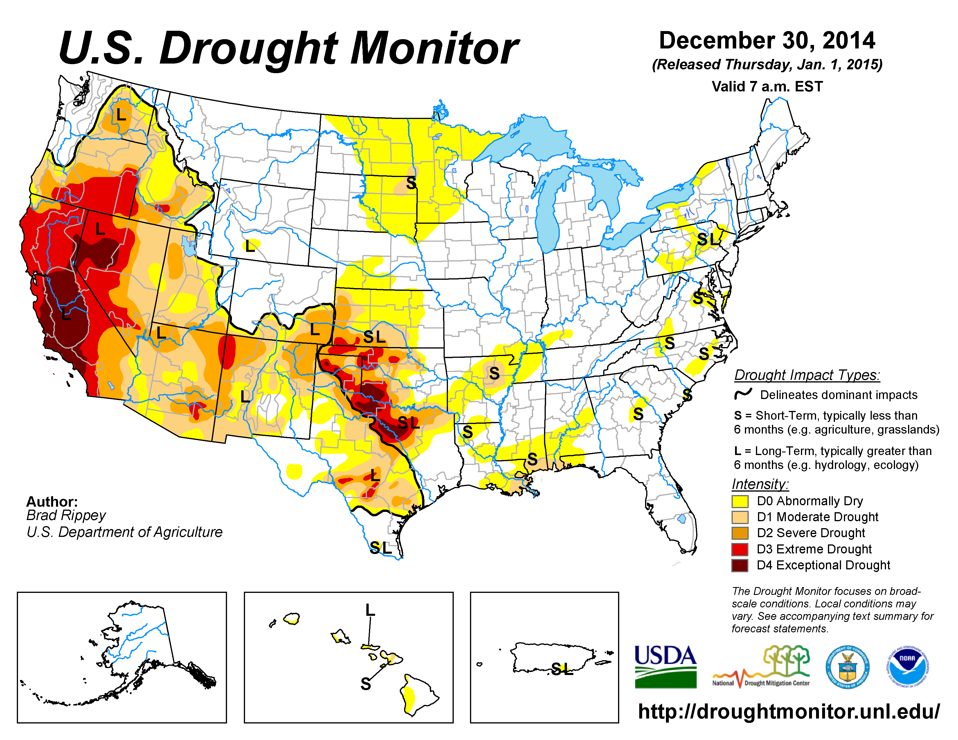The U.S. Drought Monitor drought map valid December 30, 2014