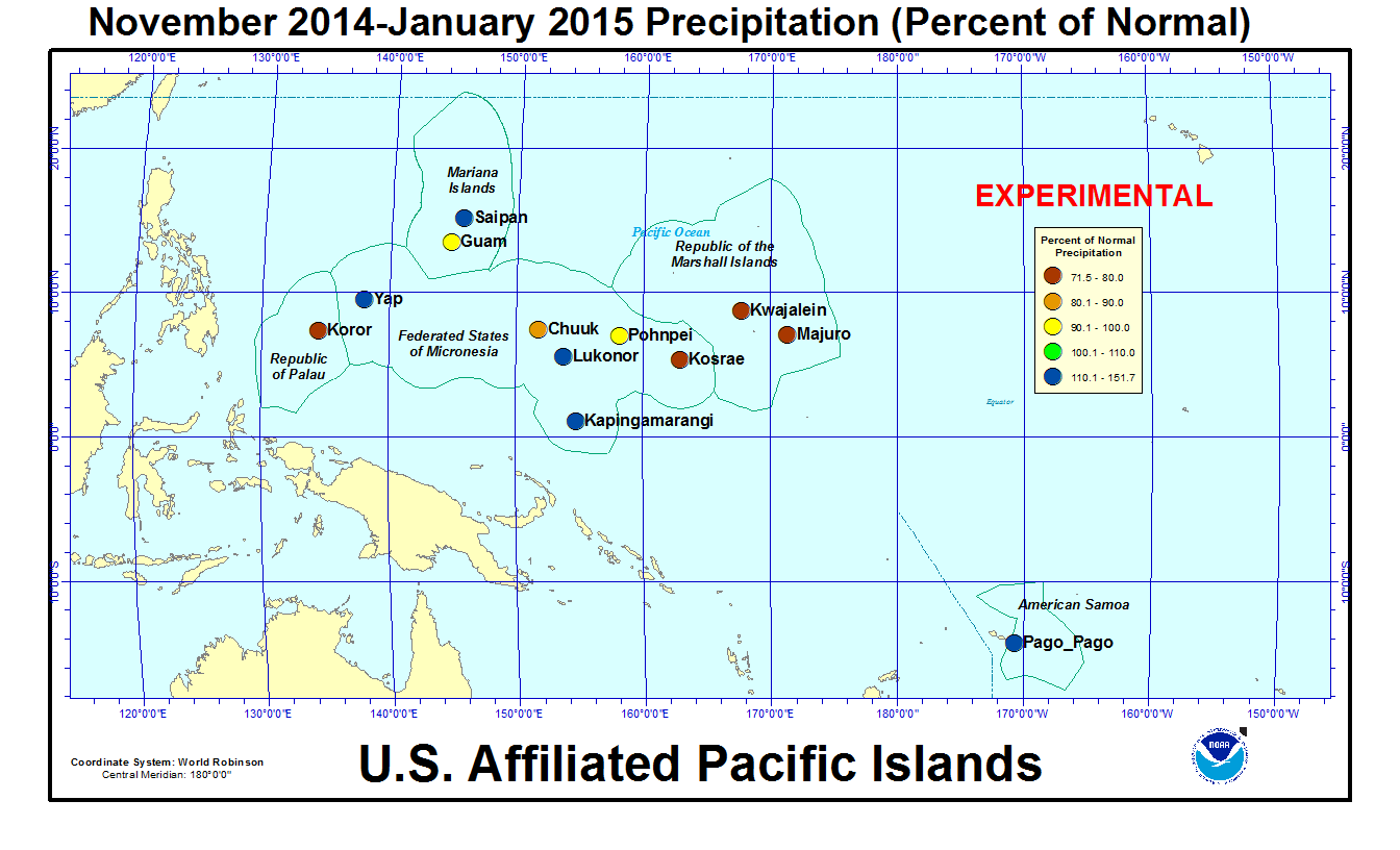 Percent of normal precipitation for last 3 months for U.S. Affiliated Pacific Island stations