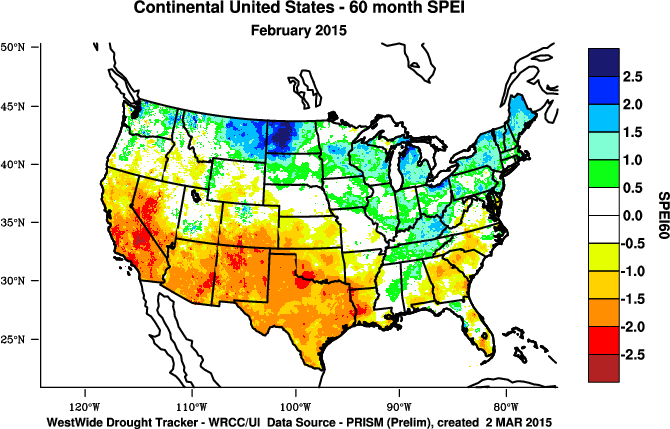Map of 60-month SPEI, February 2015