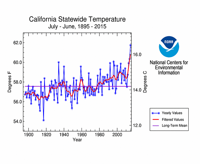 California statewide 12-month temperature, July-June, 1895-2015