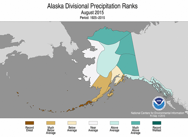Alaska climate division precipitation ranks, August 2015
