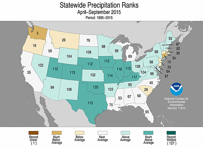 April-September 2015 state precipitation ranks