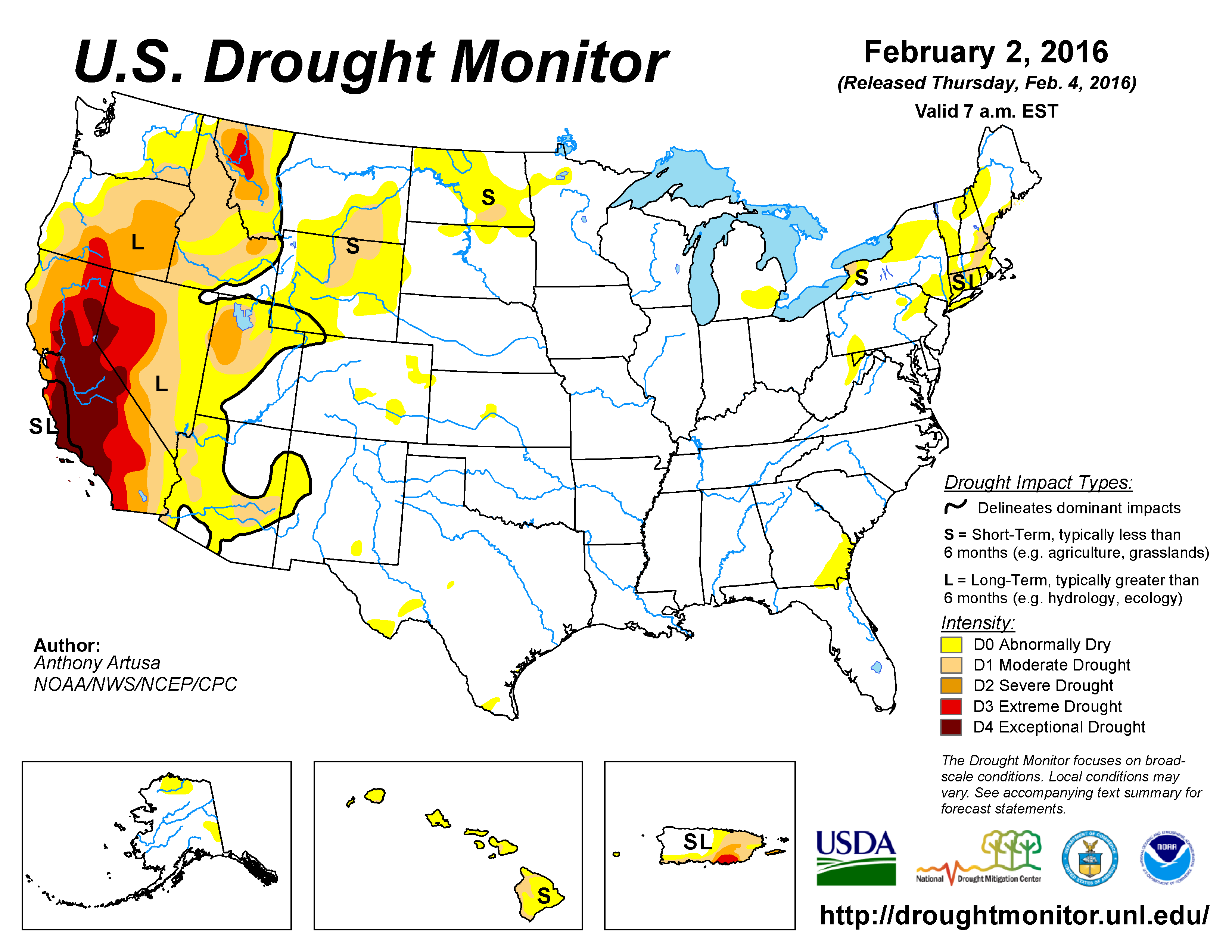 The U.S. Drought Monitor drought map valid February 2, 2016