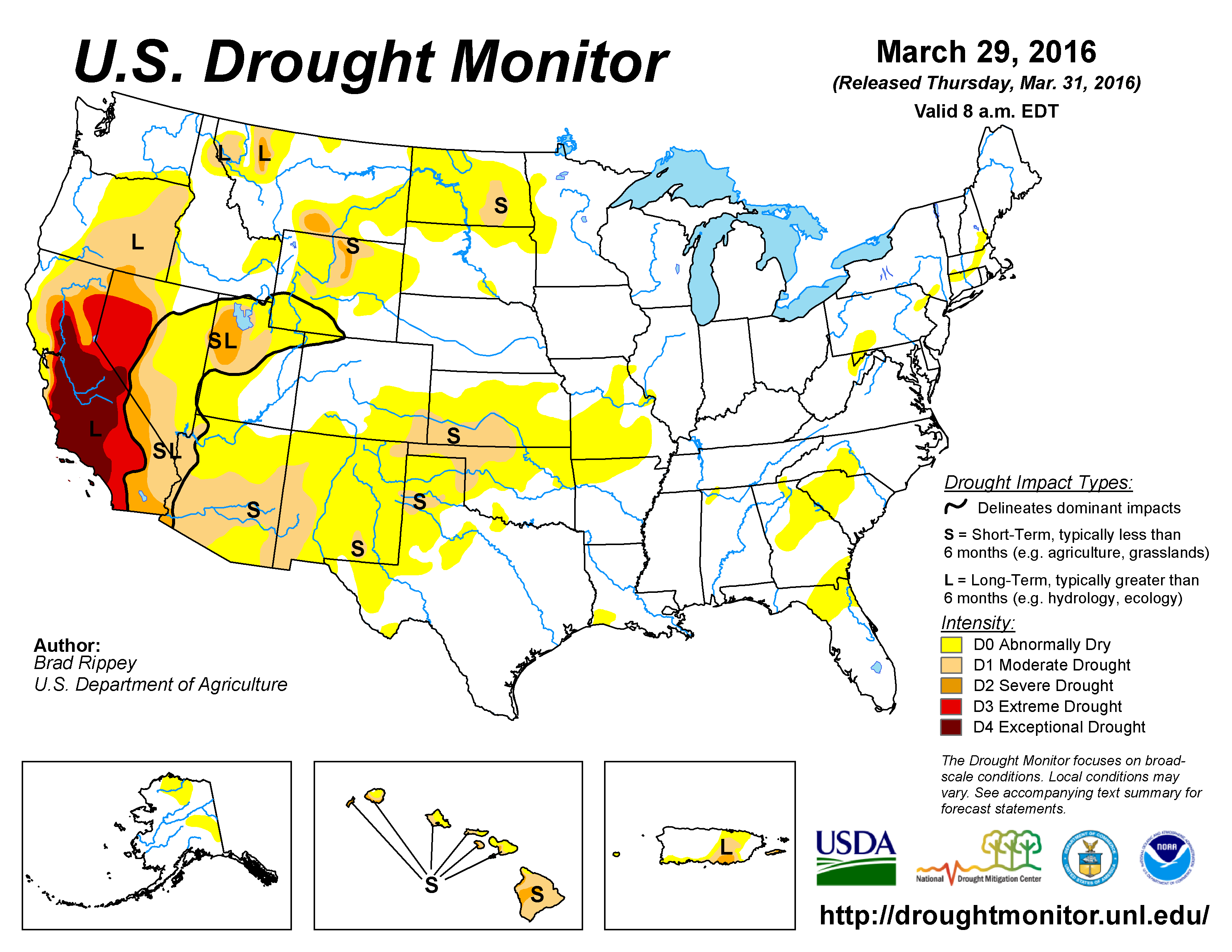 The U.S. Drought Monitor drought map valid March 29, 2016