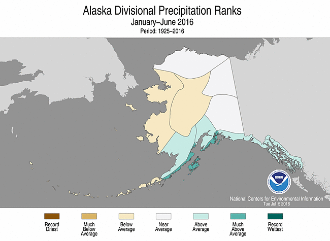 Alaska climate division precipitation ranks for the last six months