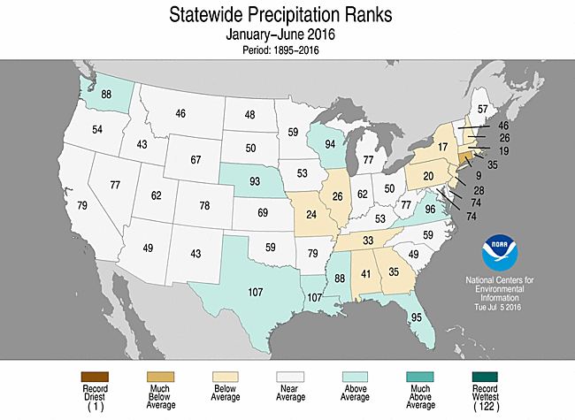 Map showing January-June 2016 state precipitation ranks