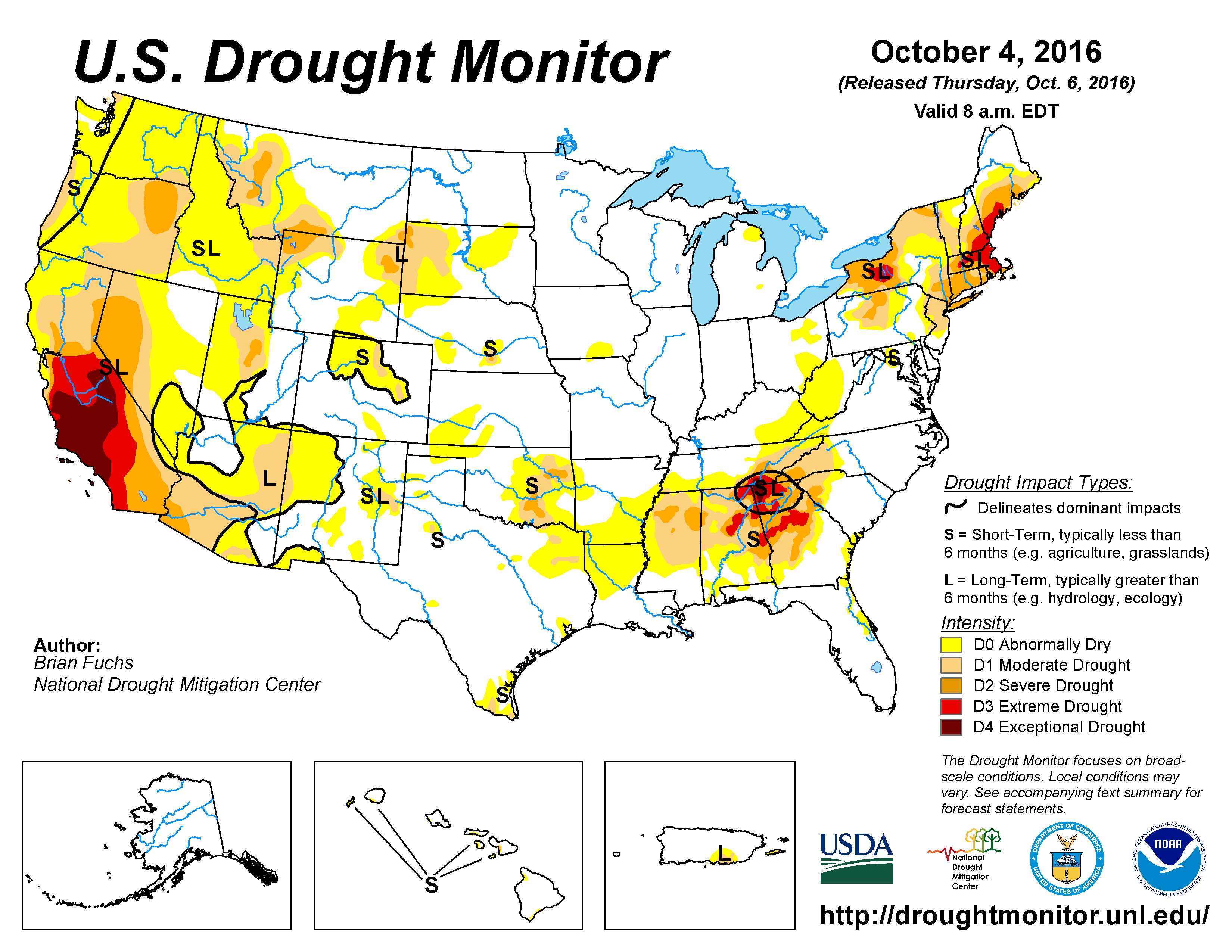 The U.S. Drought Monitor drought map valid October 4, 2016