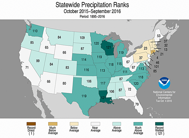 Map showing October 2016-September 2016 state precipitation ranks