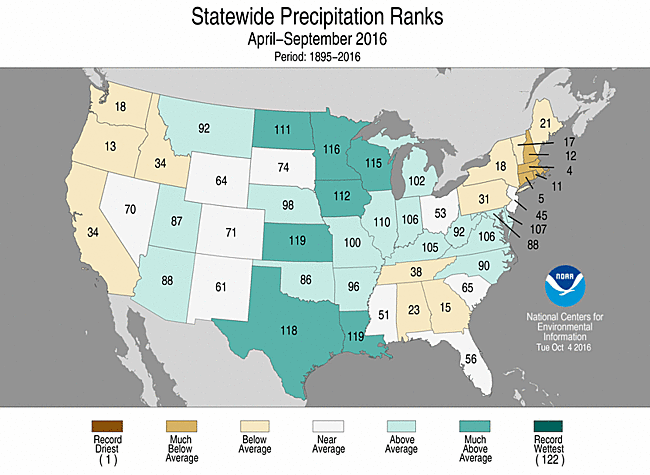 Map showing April-September 2016 state precipitation ranks