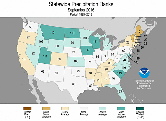 Map showing September 2016 state precipitation ranks