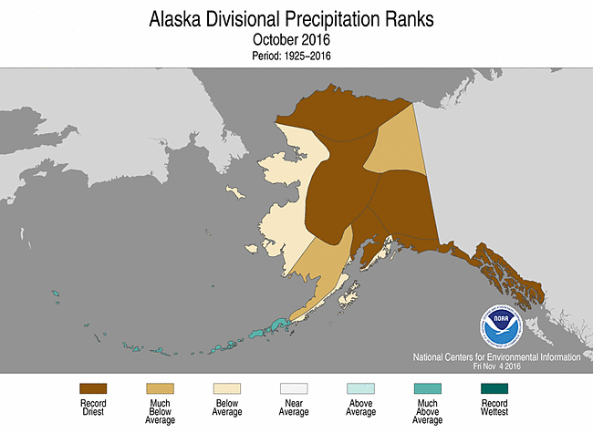 Alaska climate division precipitation rank map for the current month