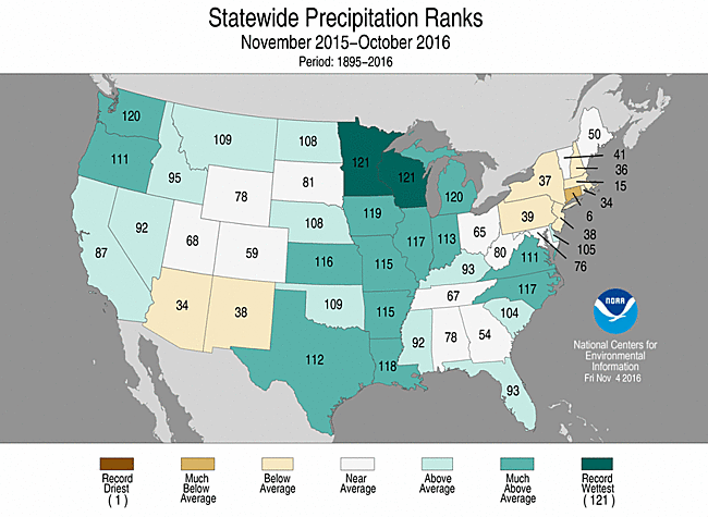 Map showing November-October 2016 state precipitation ranks