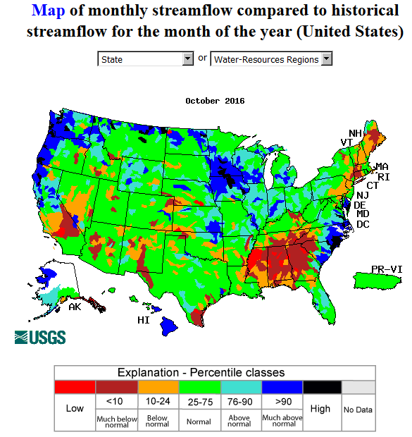 USGS streamflow percentiles for October 2016