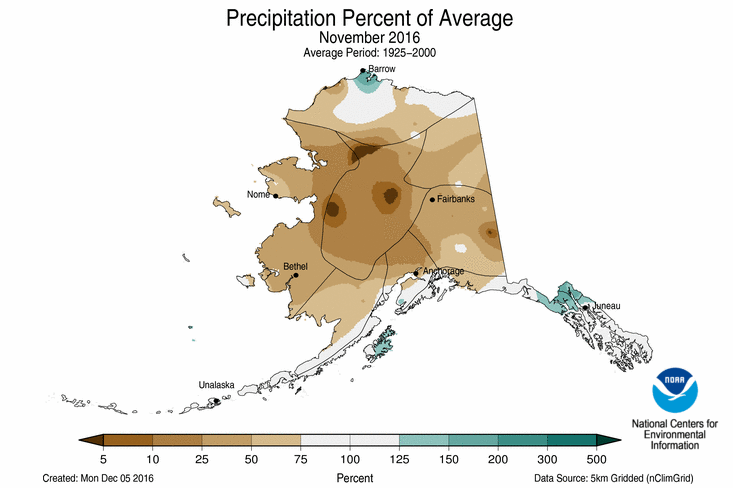 Alaska gridded percent of average precipitation map for the current month