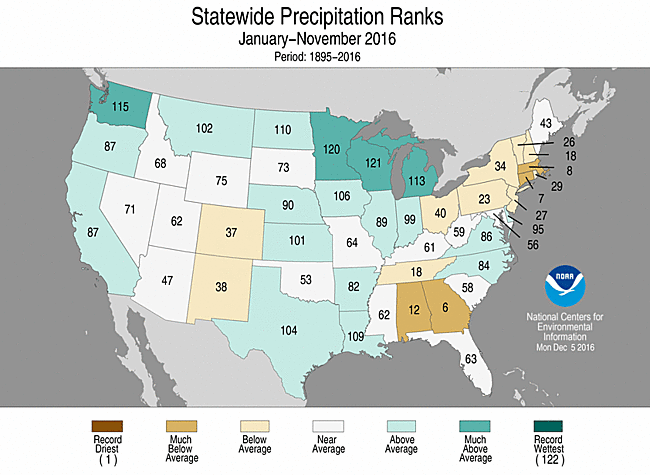 Map showing January-November 2016 state precipitation ranks