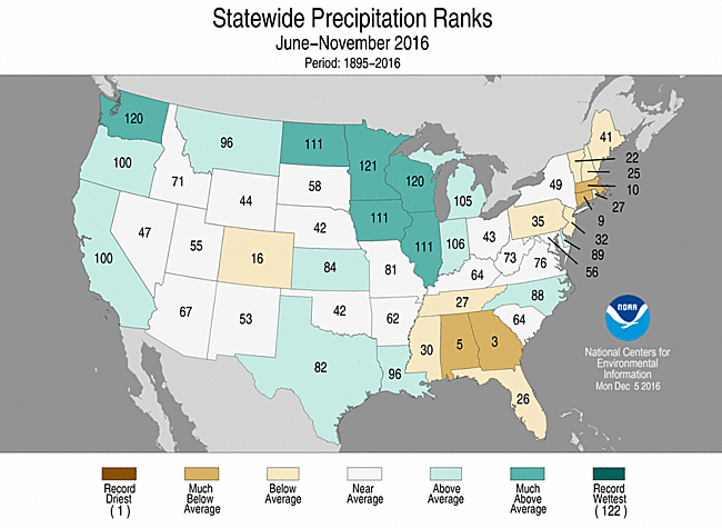 Map showing June-November 2016 state precipitation ranks