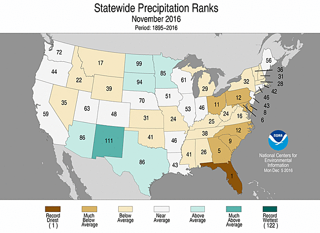 Map showing November 2016 state precipitation ranks