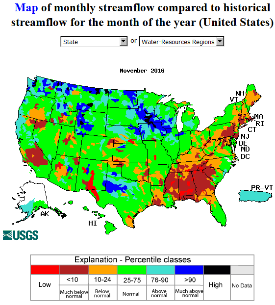 USGS streamflow percentiles for November 2016