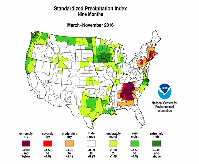 9-month Standardized Precipitation Index, March-November 2016