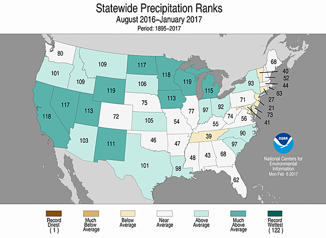 Map showing August 2016-January 2017 state precipitation ranks