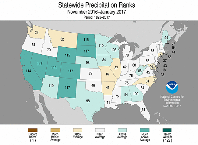 Map showing November 2016-January 2017 state precipitation ranks