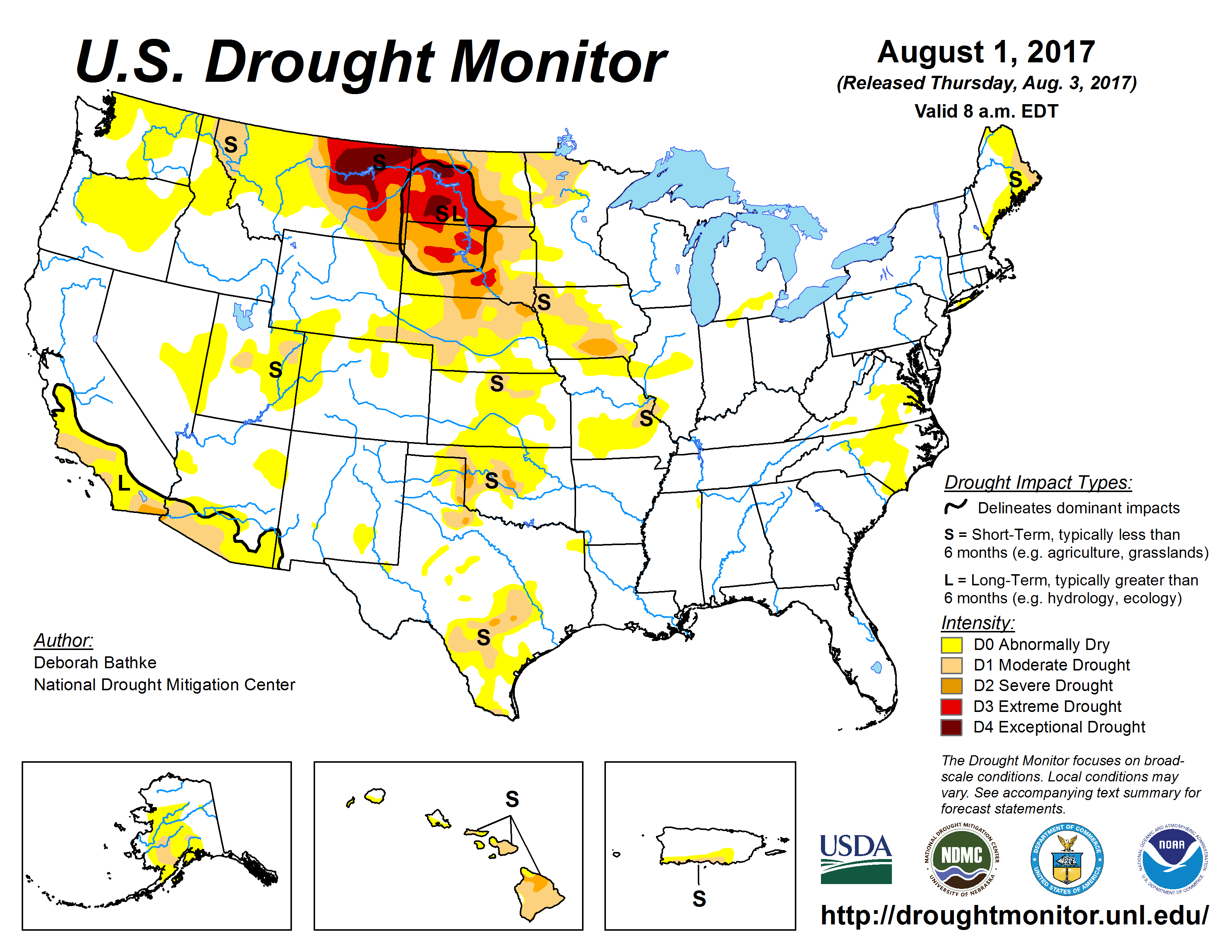 The U.S. Drought Monitor drought map valid August 1, 2017